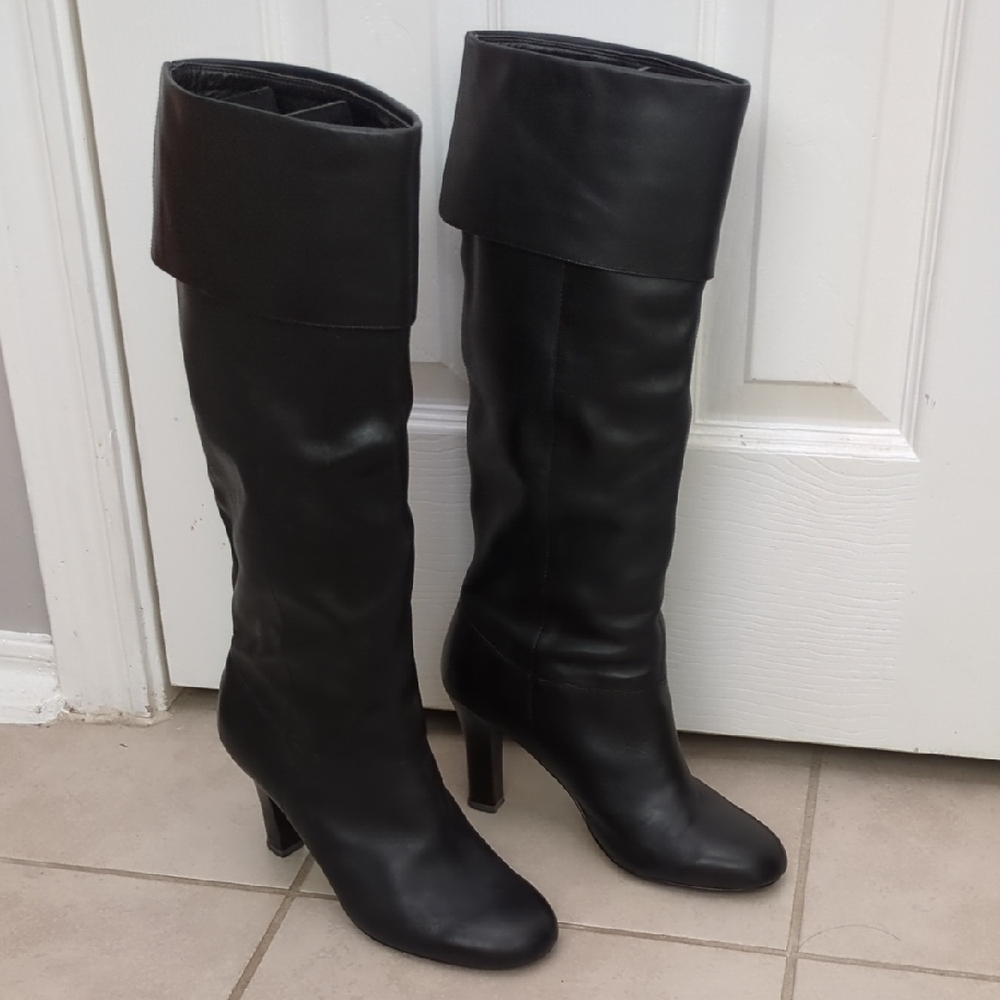 Women's Steve Madden Soft Black Leather Knee High Round Toe Heel Boots, Size 8